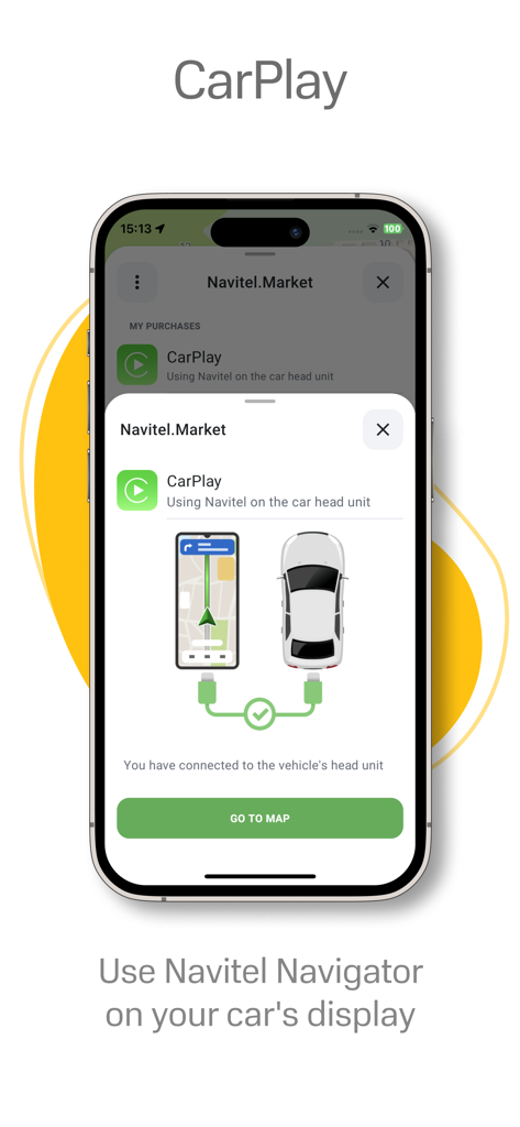 Navitel Navigator app interface showing CarPlay integration for vehicle dashboard navigation