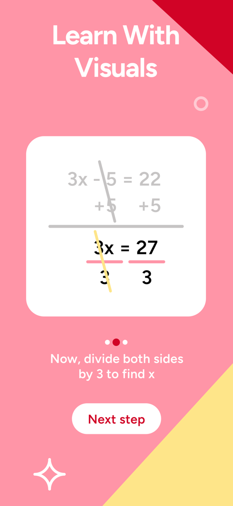 AI 수학 해결사 앱의 스크린샷으로 대수학 방정식 풀이에 대한 시각적 단계별 설명이 표시됩니다.