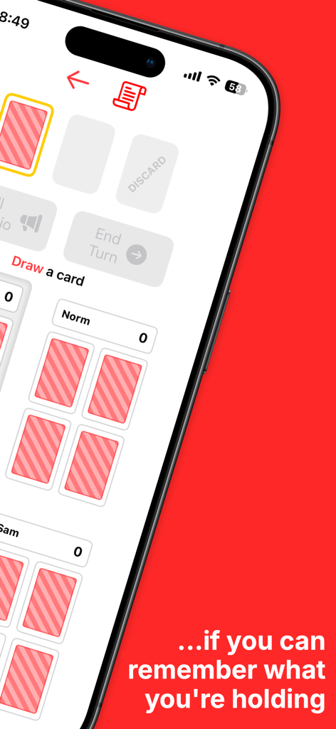 Cambio - Card Game - Mobile gameplay interface of Cambio card game showing face down cards and player scores