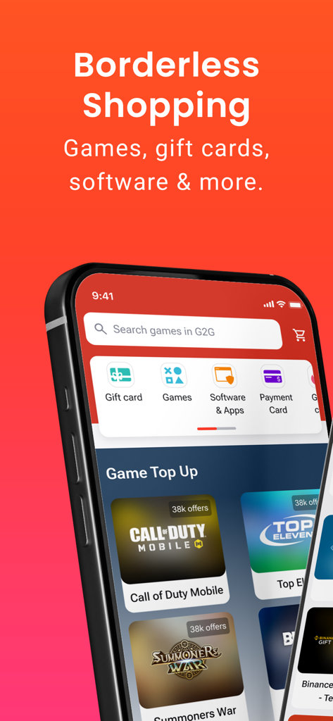 G2G - G2G mobile app homepage displaying game top up and digital goods categories