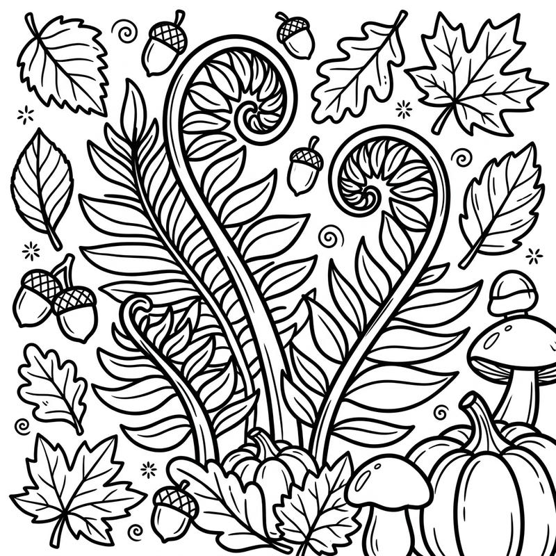 Dive into the vibrant world of autumn with this charming coloring page, specially designed for toddlers. Little artists can explore large fern fronds, playful pumpkins, and delightful fall leaves, all with easy-to-color thick lines.