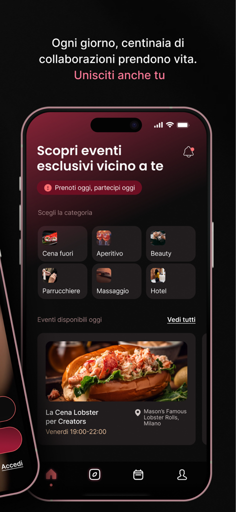 Animo Secret Club - Animo Secret Club mobile app showing exclusive collaboration events and lifestyle categories for content creators