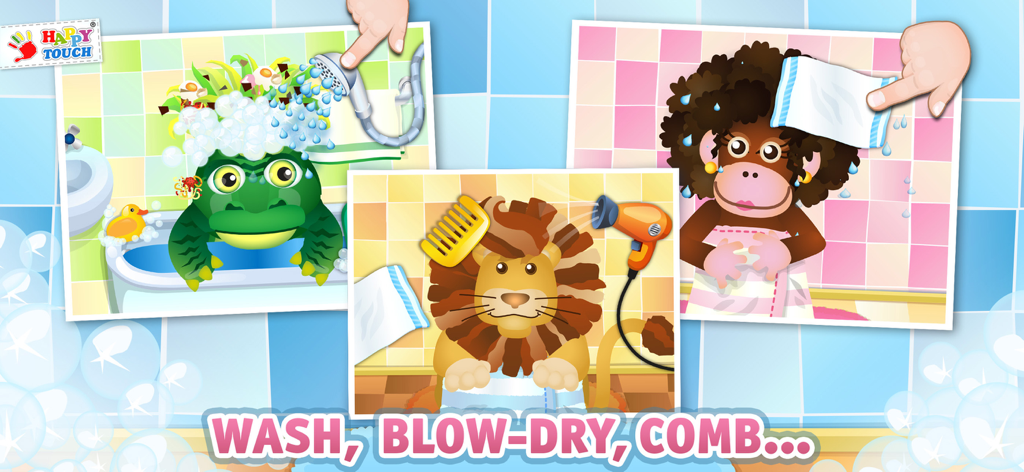 Un collage di scene di gioco dal gioco di animali Hair-Salon che mostra un drago che viene lavato, una scimmia che viene asciugata con un asciugamano e un leone che viene asciugato con phon e pettinato.