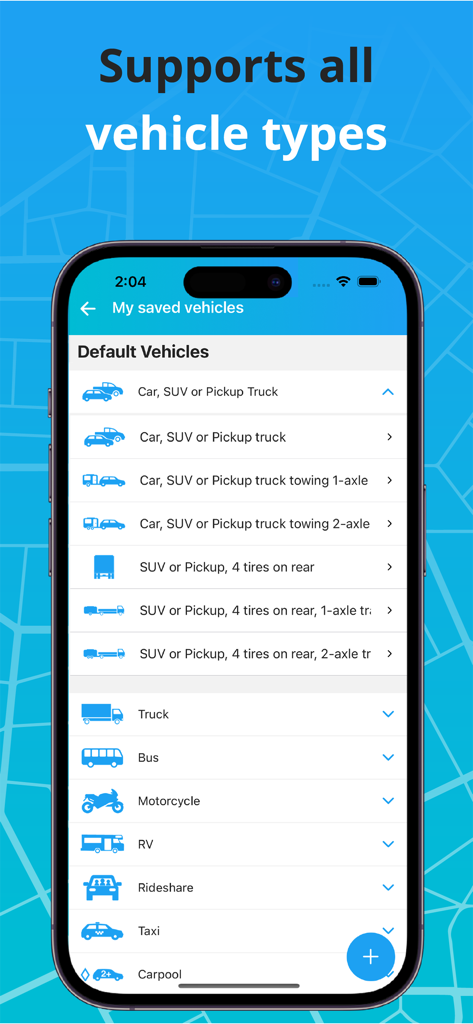 Toll & Gas Calculator TollGuru - TollGuru app interface showing a list of supported vehicle types for toll and gas calculation