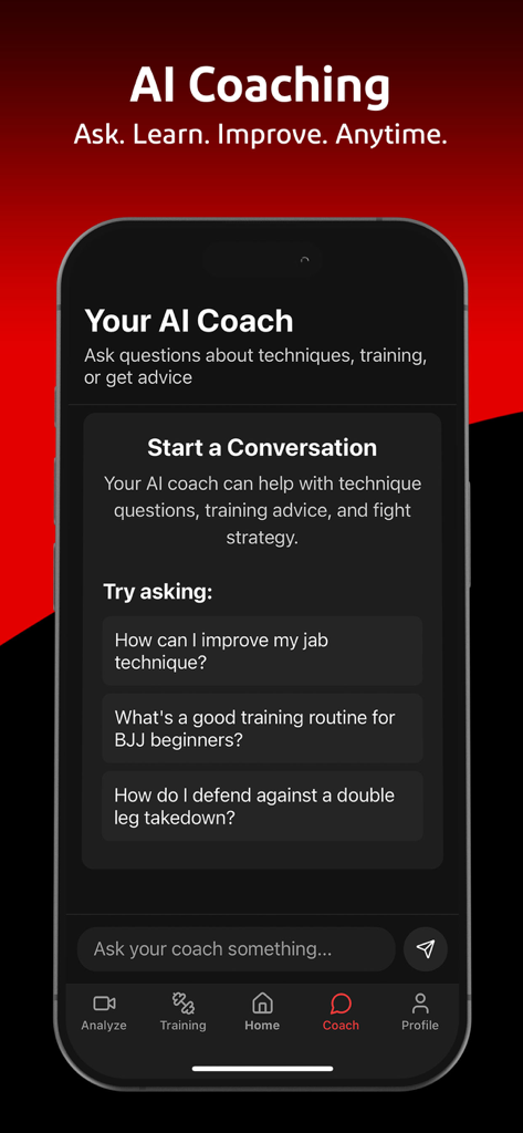 Fight AI: Your AI MMA Coach - Interface of the Fight AI coach chat feature showing suggested questions for MMA technique and training advice