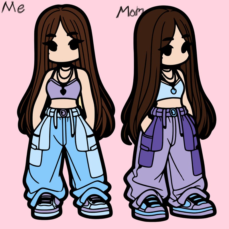 girl in baggy pants crop top and long hair