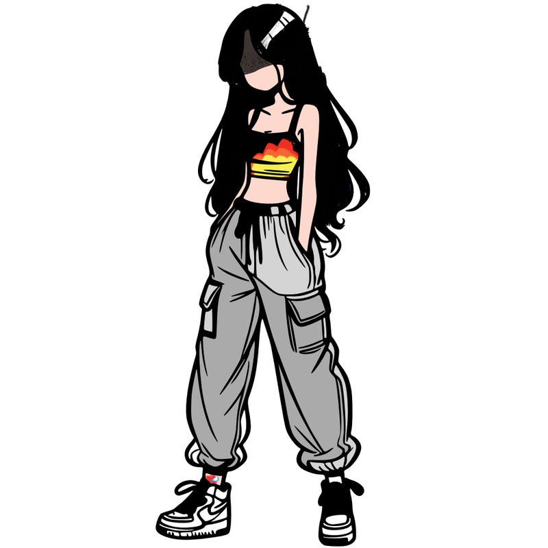 girl in baggy pants crop top and long hair