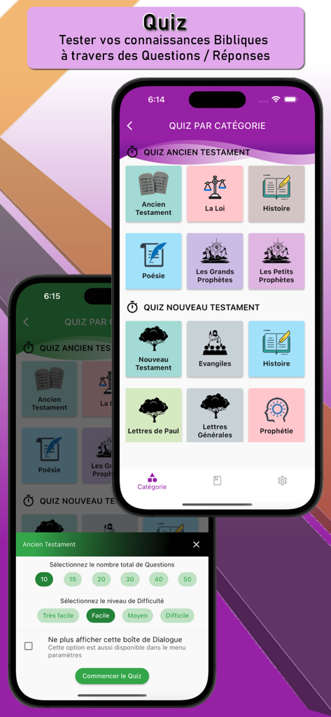 La Sainte Bible Multilangue - Quiz selection screen in the La Sainte Bible Multilangue app showing Old and New Testament categories and difficulty settings.