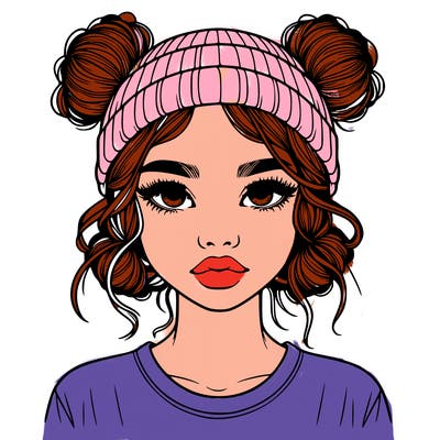 realistic girl with buns in her hair with a beanie on