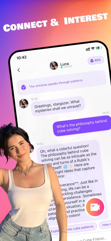 Cubely - Cubely app chat interface with an AI character named Luna discussing the philosophy of cube solving