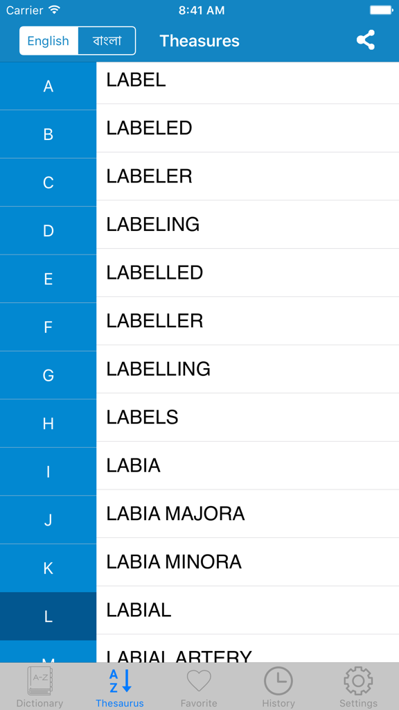 Bangla English Dictionary - Bangla English Dictionary app thesaurus interface showing a list of English words starting with the letter L