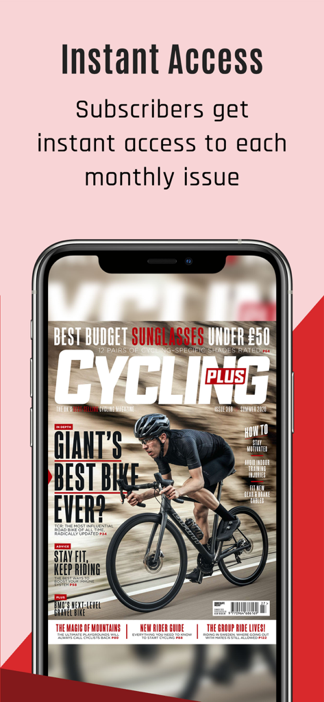 Cycling Plus Magazine app interface showing a digital issue cover on a smartphone with a road cyclist and gear review headlines