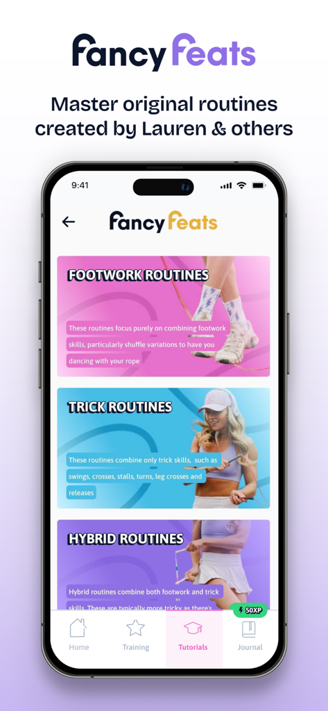 Fancy Feats -The Jump Rope App - Interface do aplicativo Fancy Feats exibindo footwork e rotinas de truques com corda de pular