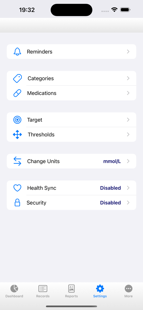 BCMon Pro - Der Einstellungsbildschirm der BCMon Pro App mit Optionen zur Gesundheitsverfolgung wie Medikamente und Gesundheitssynchronisierung