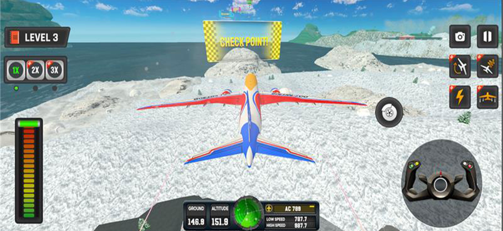 Airplane Game:Pilot Simulator - A colorful plane flying towards a checkpoint banner over a snowy mountain landscape in a pilot simulator game.