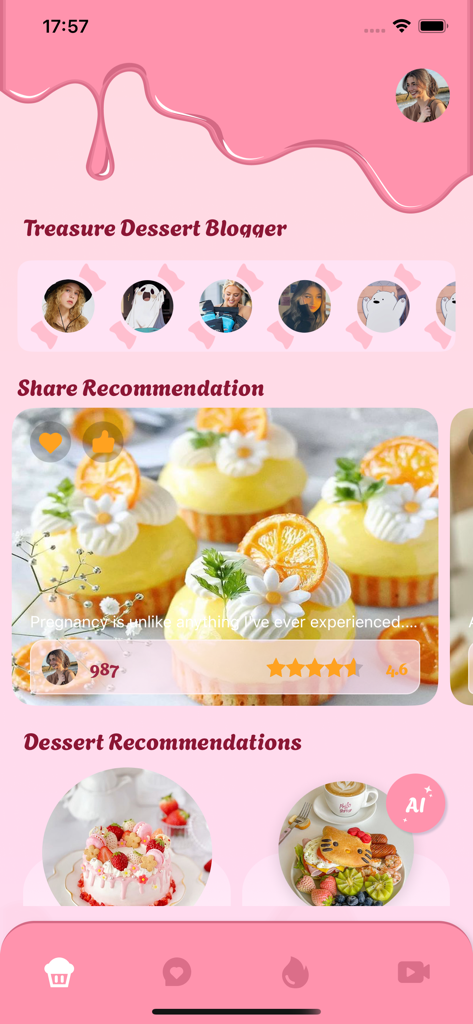 Salsa - Adult Firty Connect - デザートブロガーのプロフィールとピンクをテーマにしたインターフェースで推奨されるレモンデザートレシピを特徴とするサルサアプリのホームページ。