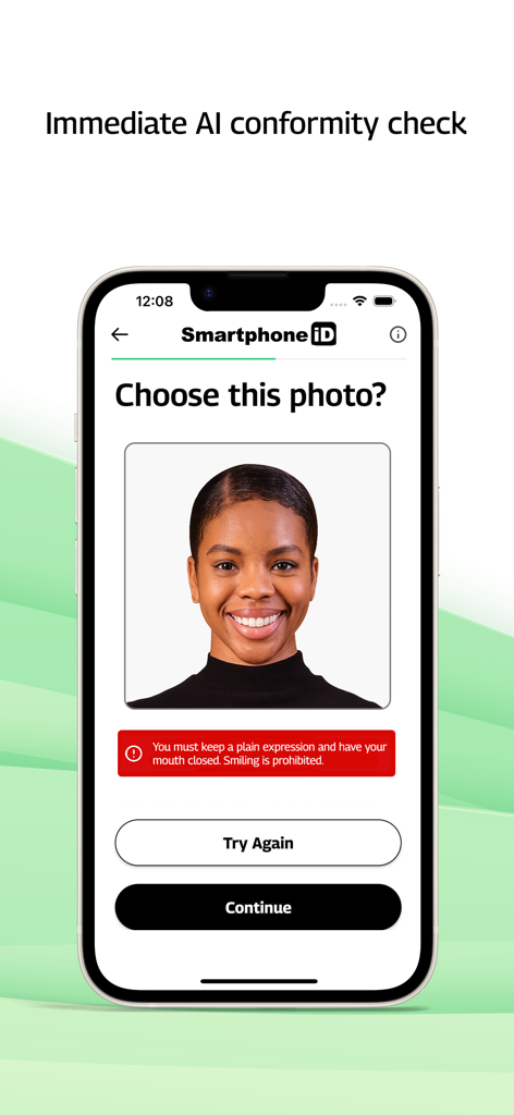 Smartphone iD - Passport photo - Smartphone iD app screen showing an AI conformity check flagging a smiling photo for passport compliance
