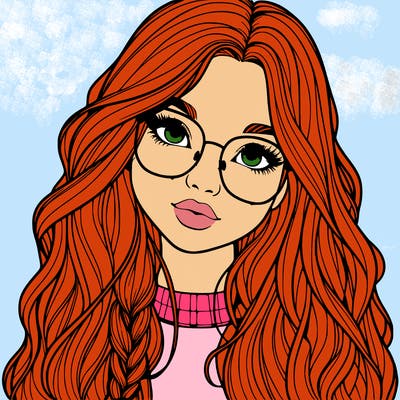 girl with long hair and freckles and glasses realistic
