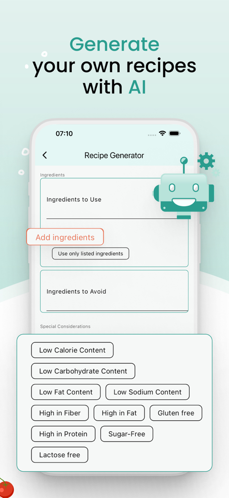 Weekly Menu - Wochenmenü-App-Bildschirm, der den KI-Rezeptgenerator mit anpassbaren Zutaten und Ernährungsfiltern anzeigt.
