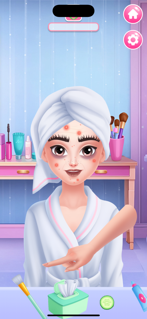 Beauty Salon Girl - Un personaje en una bata de baño y toalla en la cabeza durante una rutina de cuidado de la piel en el juego Beauty Salon Girl.