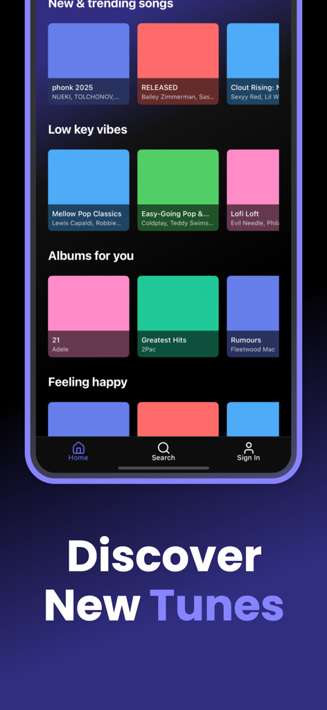 MuseTube: Music Streaming - La pantalla de inicio de la aplicación MuseTube presenta secciones para canciones nuevas y de moda, vibras tranquilas y recomendaciones de álbumes personalizadas.