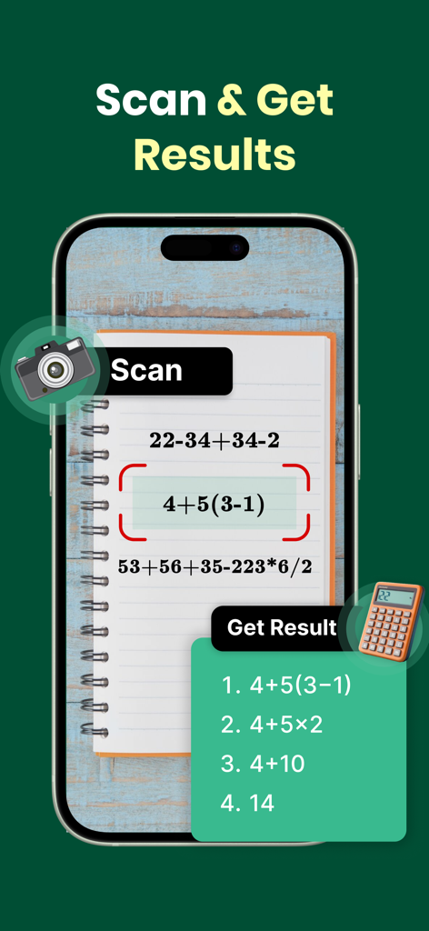 AI Chat & AI Chatbot Assistant - Pantalla del iPhone mostrando una función de escaneo matemático que resuelve ecuaciones escritas a mano paso a paso