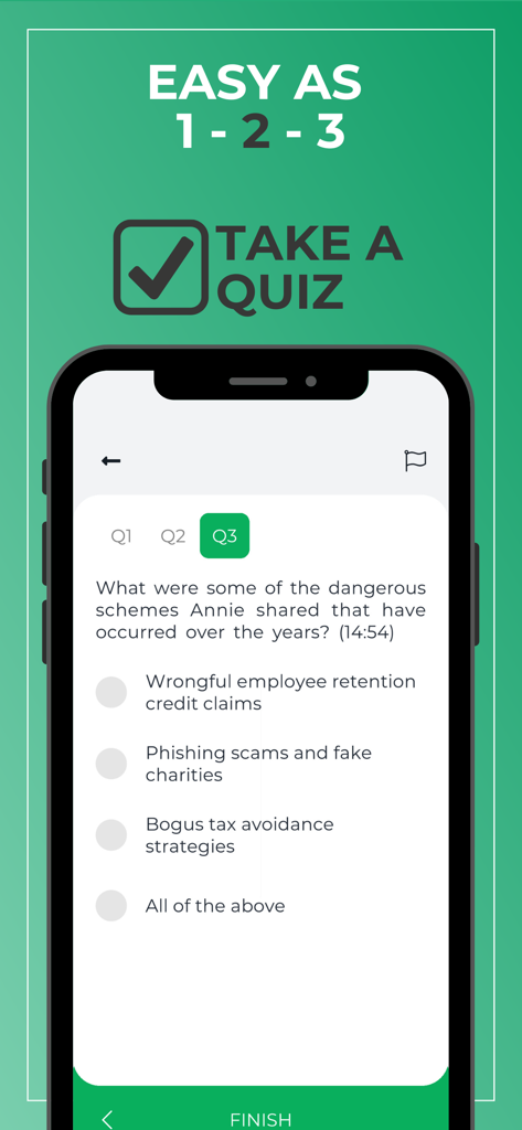Earmark - Interface of the Earmark app showing a multiple choice quiz for earning accounting CPE credits