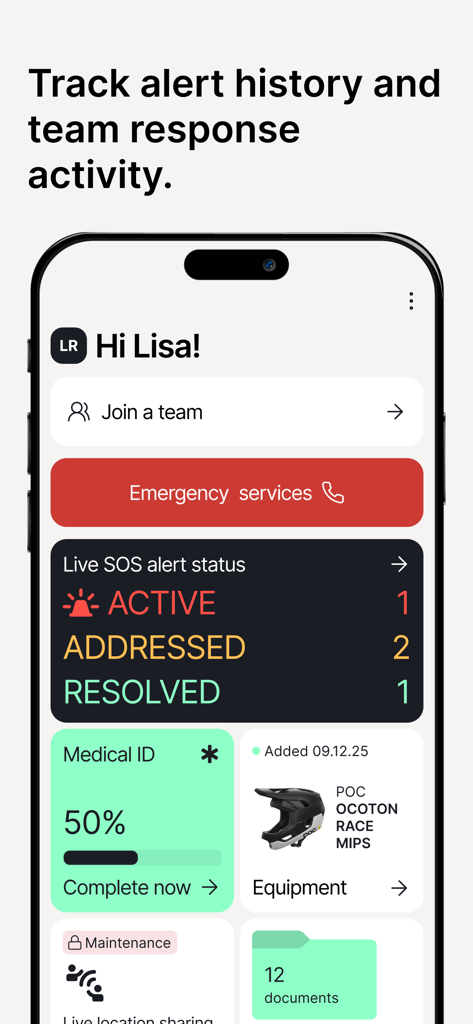 Dashboard dell'app di sicurezza Twiceme che mostra lo stato dell'allarme SOS in tempo reale e le informazioni sull'attrezzatura di sicurezza