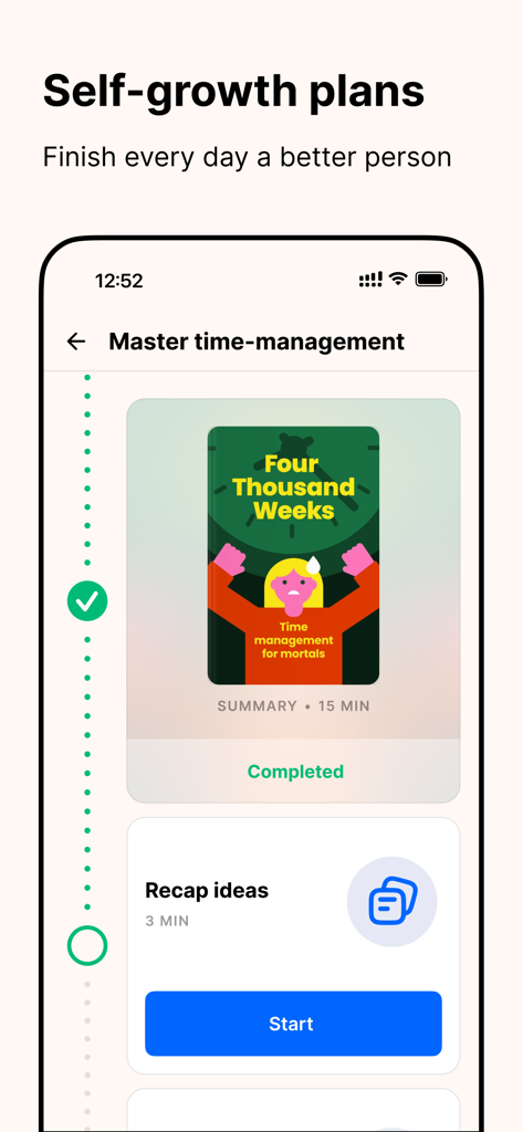 Headway - Daily Micro Learning - Headway app interface showing a self growth plan for mastering time management with book summaries and recap sessions