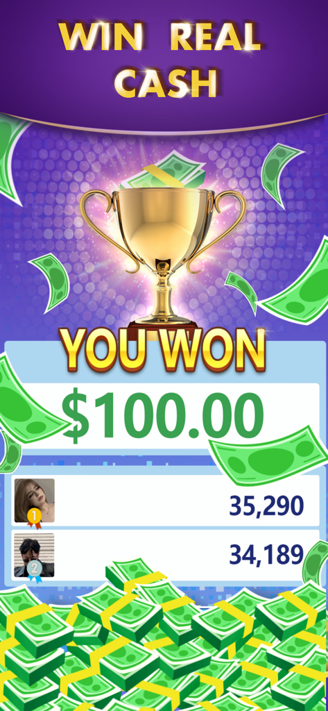 Word Block: Win Real Prize - Word Block win screen showing a one hundred dollar cash prize and a gold trophy with leaderboard rankings.