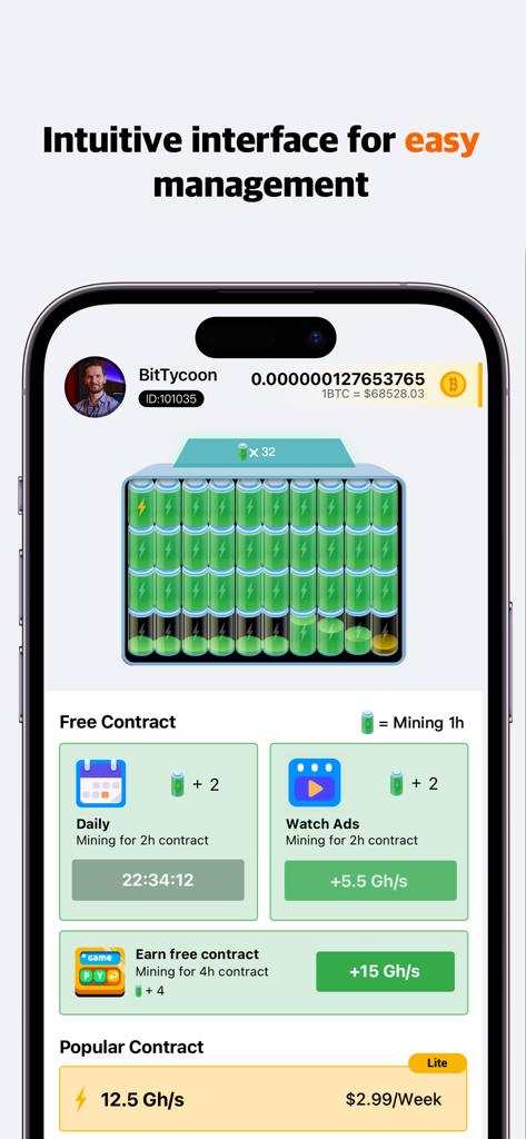 BitTycoon Lite - Schermata dell'iPhone che visualizza il dashboard dell'app BitTycoon Lite con vari contratti di cloud mining di bitcoin e opzioni di ricompensa giornaliera.