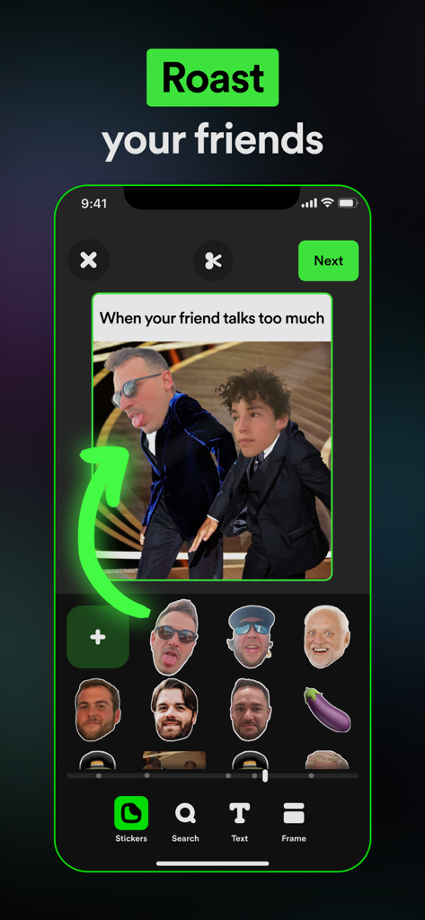 Interface of Piñata Farms app showing an AI face swap video editor with the text Roast your friends and various head stickers for meme creation.