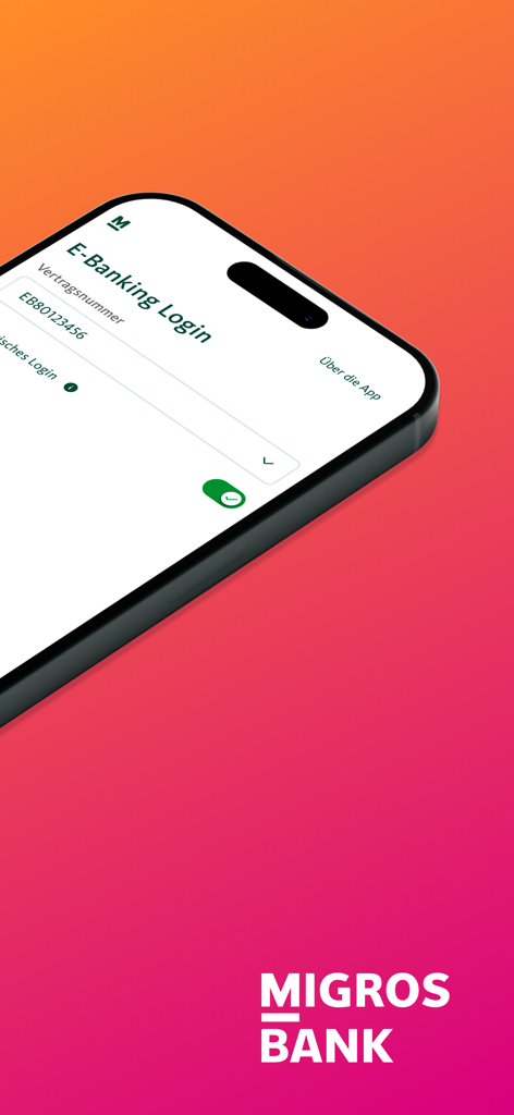 Migros Bank E-Banking - Pantalla de inicio de sesión de Migros Bank E-Banking mostrada en un iPhone con un vibrante fondo degradado naranja y rosa