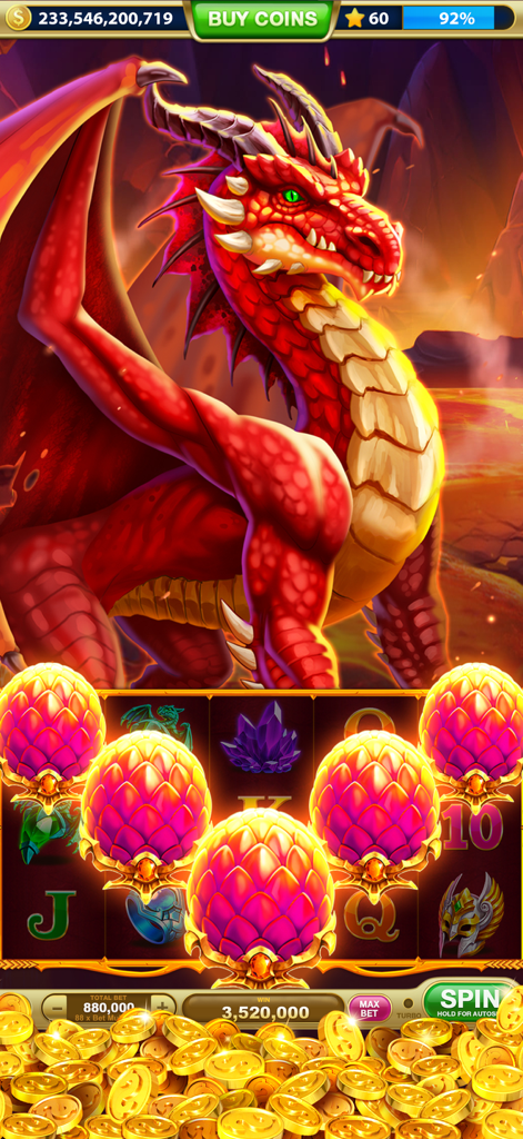 Slots Rush game screen showing a red dragon theme with dragon eggs on the slot machine reels and gold coins at the bottom