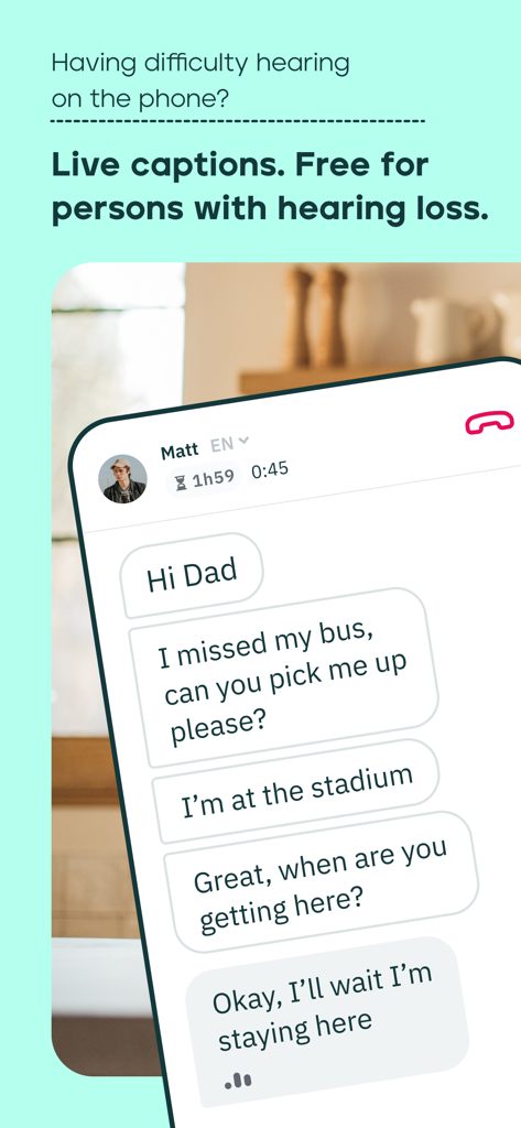 Transcripción de llamadas en tiempo real en un smartphone para personas con pérdida auditiva.