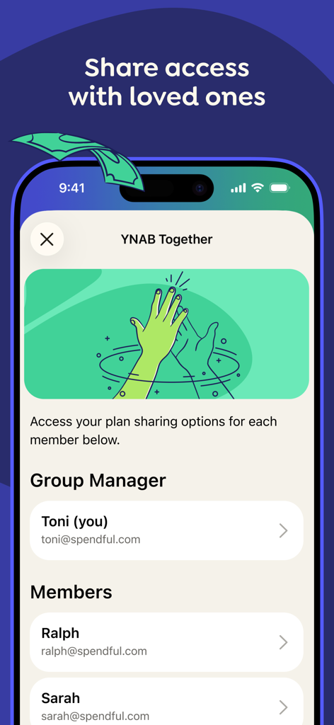 YNAB Together feature interface for sharing budget access with loved ones