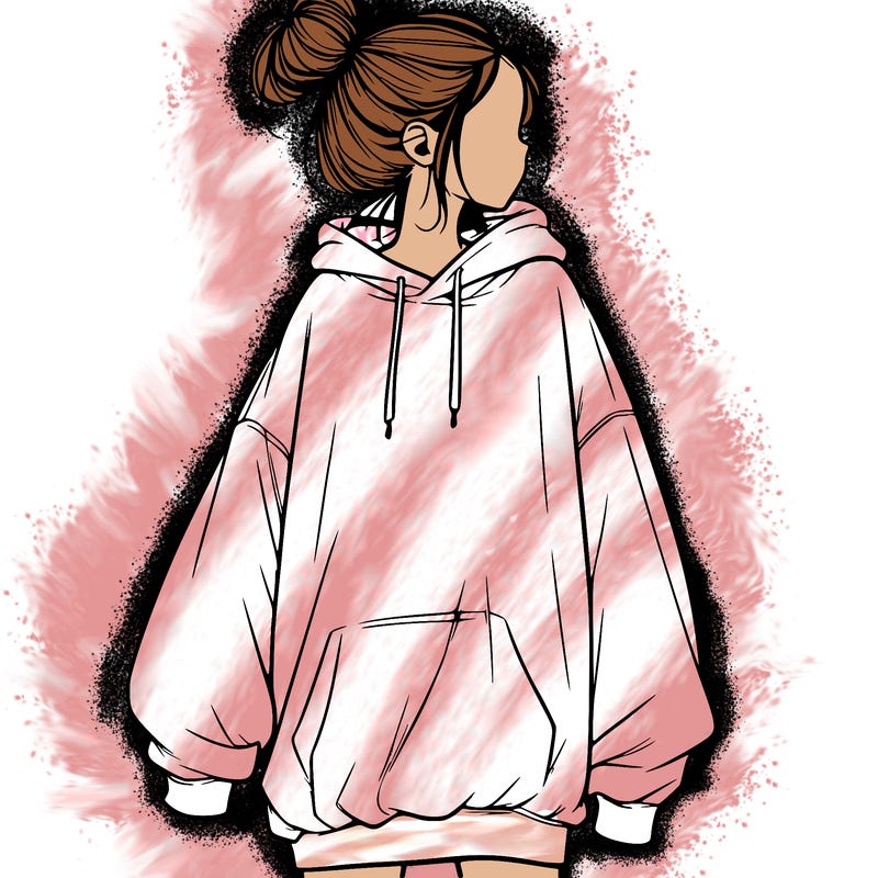 realistic girl with a oversized sweatshirt on and a bun