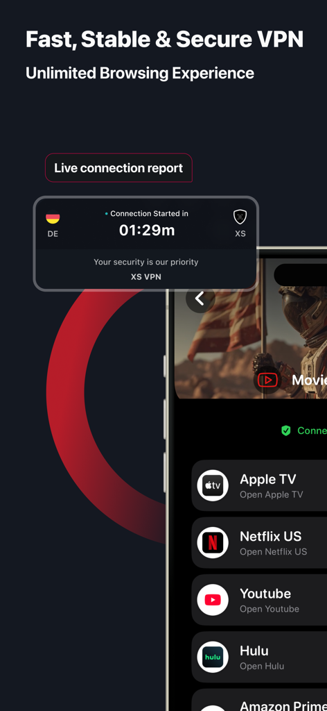 XS VPN: Fast & Secure Proxy - Interface of XS VPN showing live connection status and streaming service options like Netflix and Hulu.