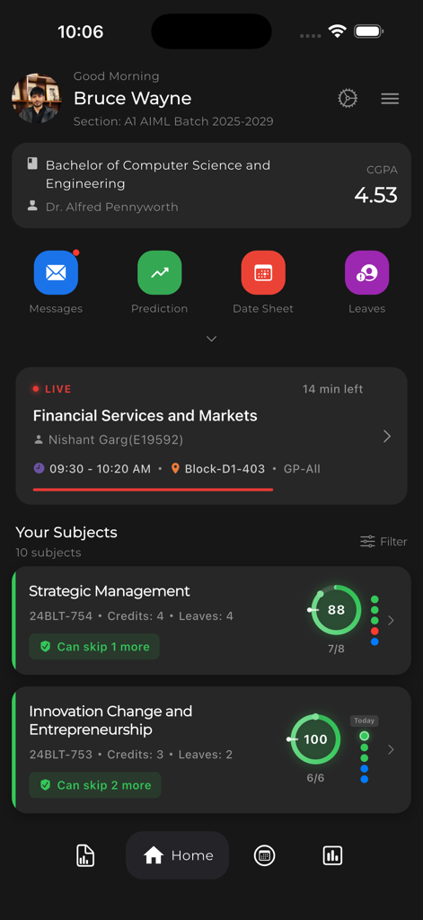 Collegia Academics Manager - Home dashboard of the Collegia Academics Manager app showing a student profile with CGPA, a live class schedule, and predictive attendance tracking for subjects.