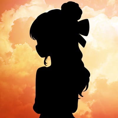 realistic girl  with hip length hair a bun and a big bow on the back of head