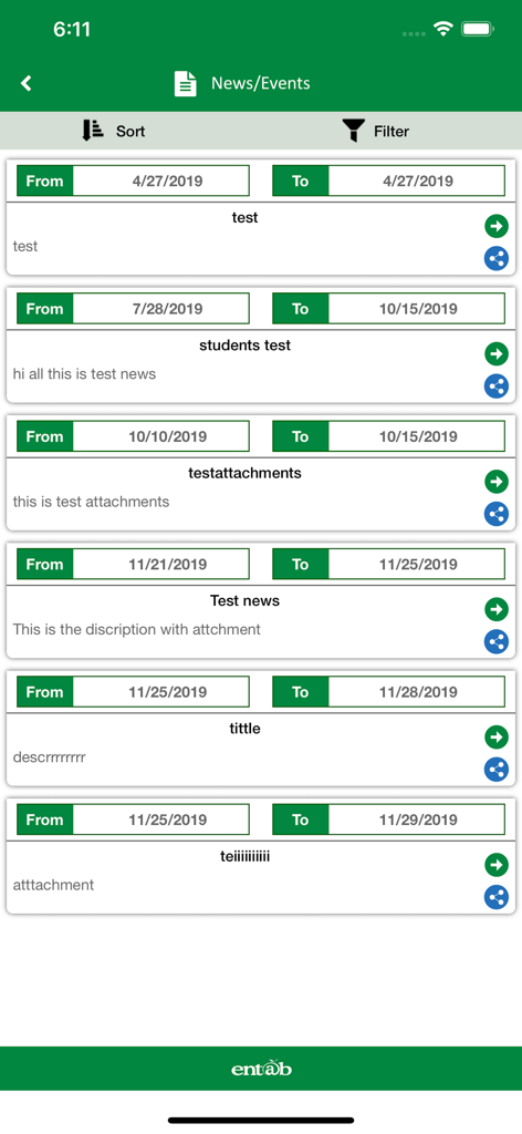 CampusCare - CampusCare mobile app News and Events interface showing school announcements and dates