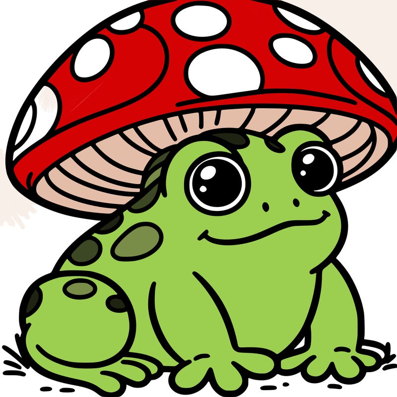 frog wearing a mushroom hat