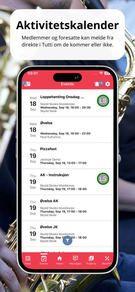 Tutti - Tela do smartphone exibindo o calendário de atividades e a lista de eventos no aplicativo de gestão musical Tutti