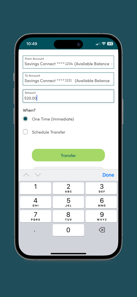 Interface of the CIT Bank mobile app showing a fund transfer between savings accounts