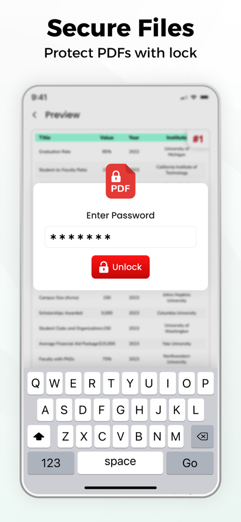Uma tela de desbloqueio de PDF seguro por senha em um dispositivo móvel para privacidade do documento.