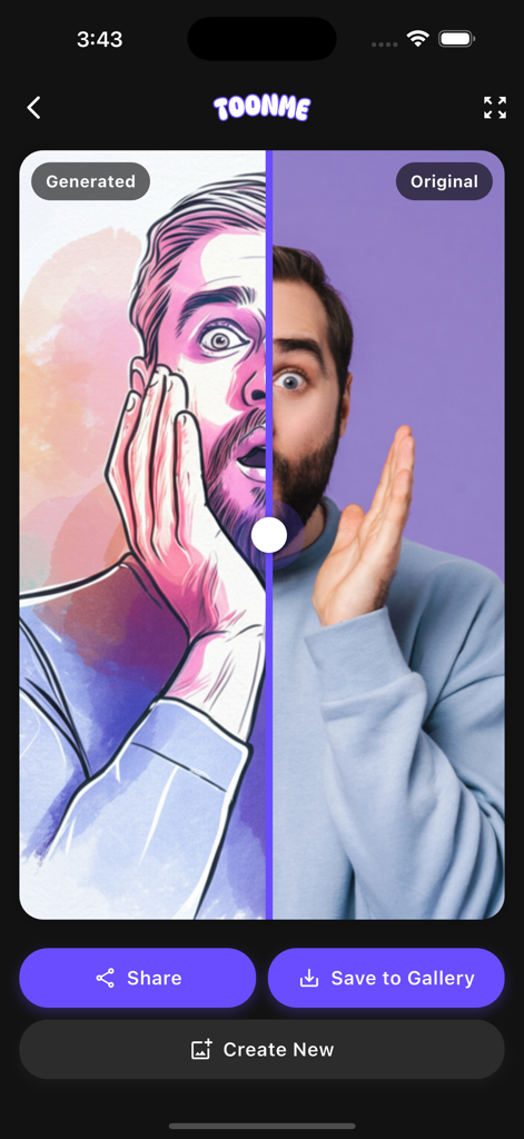 Cartoon Yourself Toonify - A split screen showing a real photo of a man next to its AI generated cartoon version in the Toonify app.