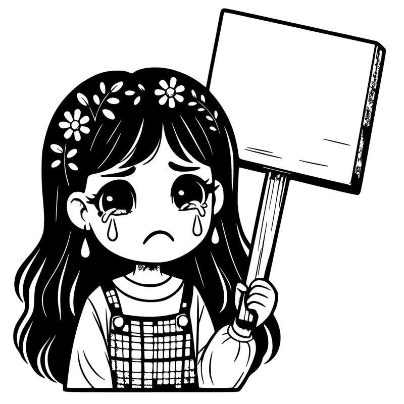 realistic girl crying holding a sign
