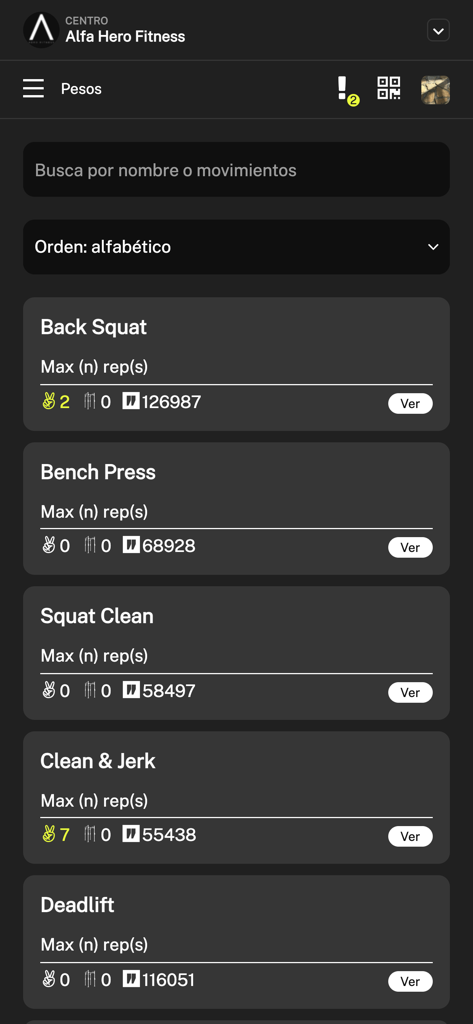 Alfa Hero - Fitness app screen showing weightlifting benchmark exercises like back squat and bench press
