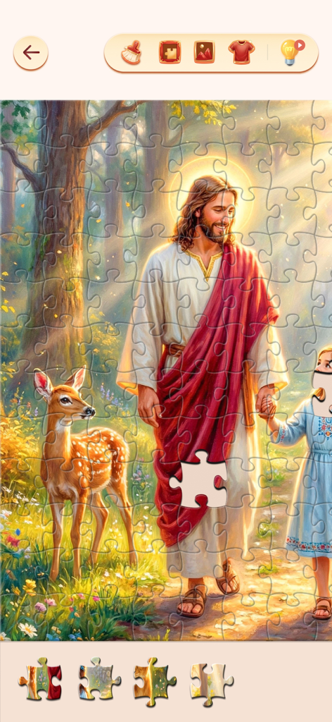 Bible Jigsaw Puzzles - Un puzle de jigsaw religioso con Jesús caminando por un bosque con un niño y un ciervo