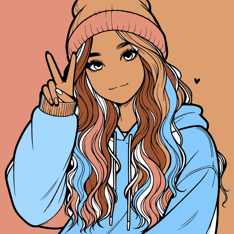 a teenage girl in a beanie, oversized sweatshirt, wavy long hair, and is showing a ✌️